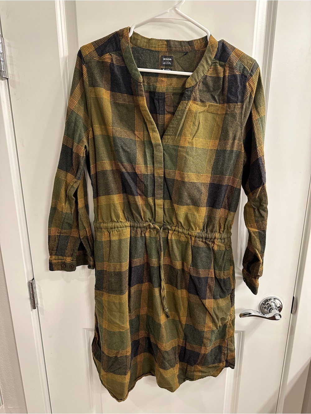 Prana Olive and Brown Plaid Drawstring Waist Dress - Picture 9 of 9